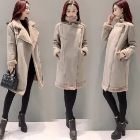 2017 Winter Women Faux Lambs Wool Outerwear Female Long Thick Warm Shearling Coats Zipper Faux Suede Leather Jackets H162