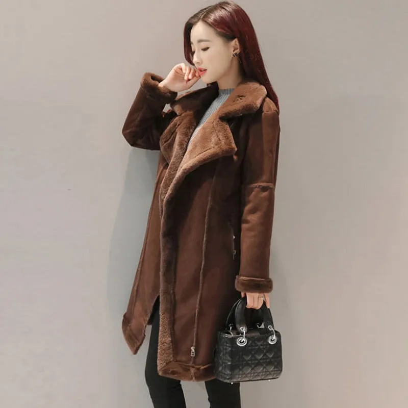 2017 Winter Women Faux Lambs Wool Outerwear Female Long Thick Warm Shearling Coats Zipper Faux Suede Leather Jackets H162