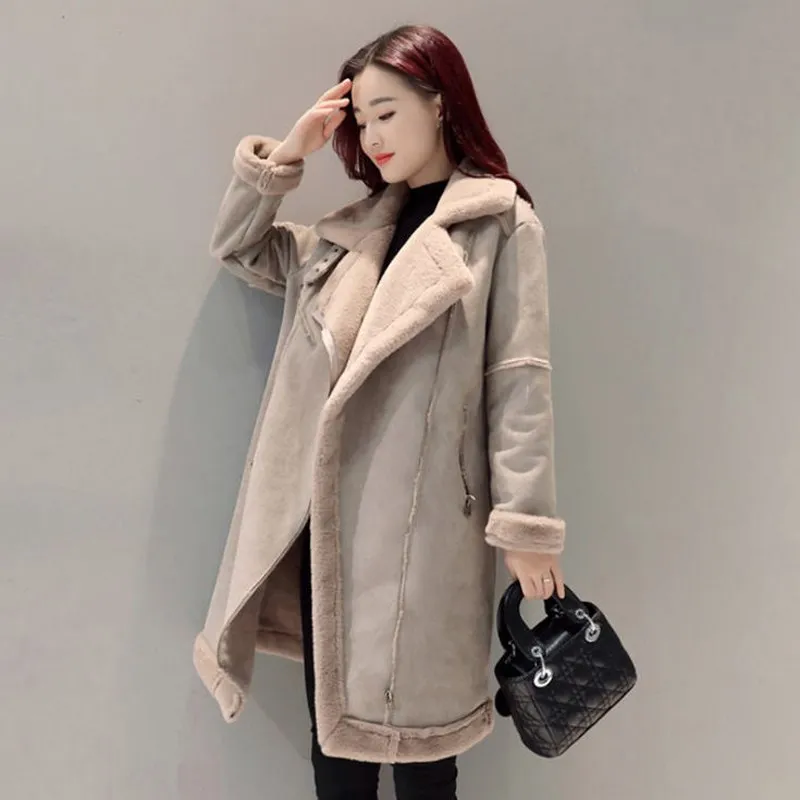 2017 Winter Women Faux Lambs Wool Outerwear Female Long Thick Warm Shearling Coats Zipper Faux Suede Leather Jackets H162