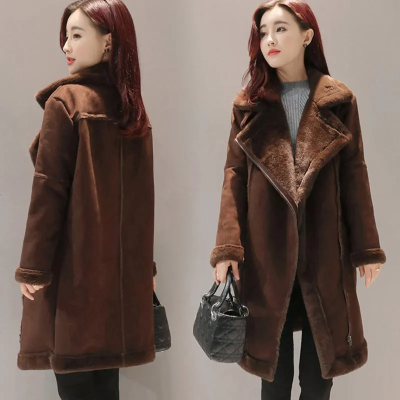 2017 Winter Women Faux Lambs Wool Outerwear Female Long Thick Warm Shearling Coats Zipper Faux Suede Leather Jackets H162