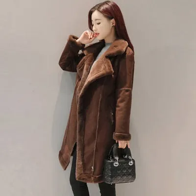 2017 Winter Women Faux Lambs Wool Outerwear Female Long Thick Warm Shearling Coats Zipper Faux Suede Leather Jackets H162