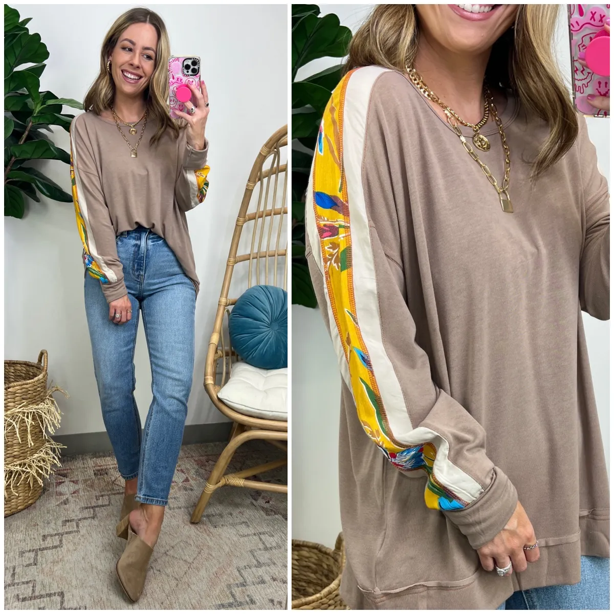 Anahi Mix Fabric Contrast Sleeve Top
