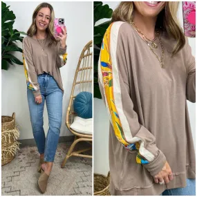 Anahi Mix Fabric Contrast Sleeve Top