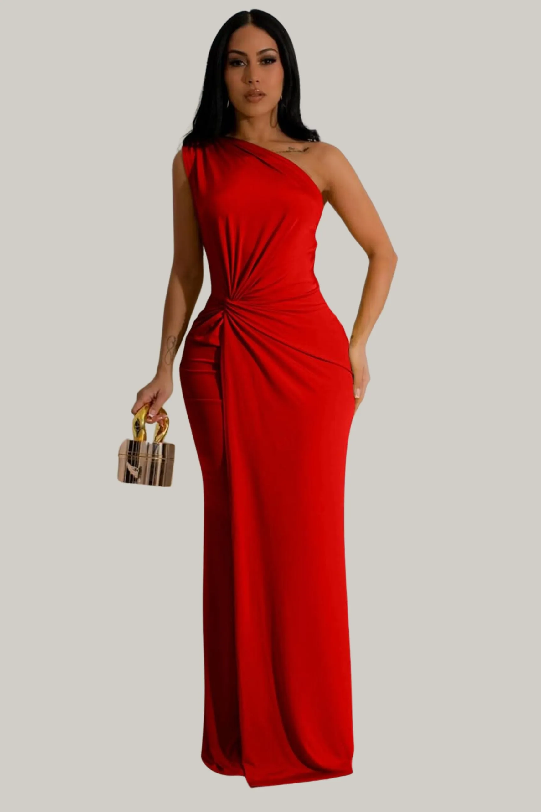 Arabella Elegant One Shoulder Sleeveless Twist Waist Bodycon Party Long Dress