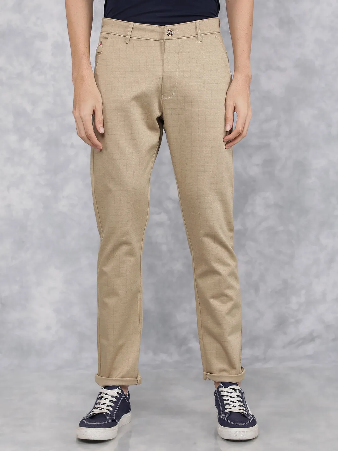 Beige Checkered Chinos Trousers