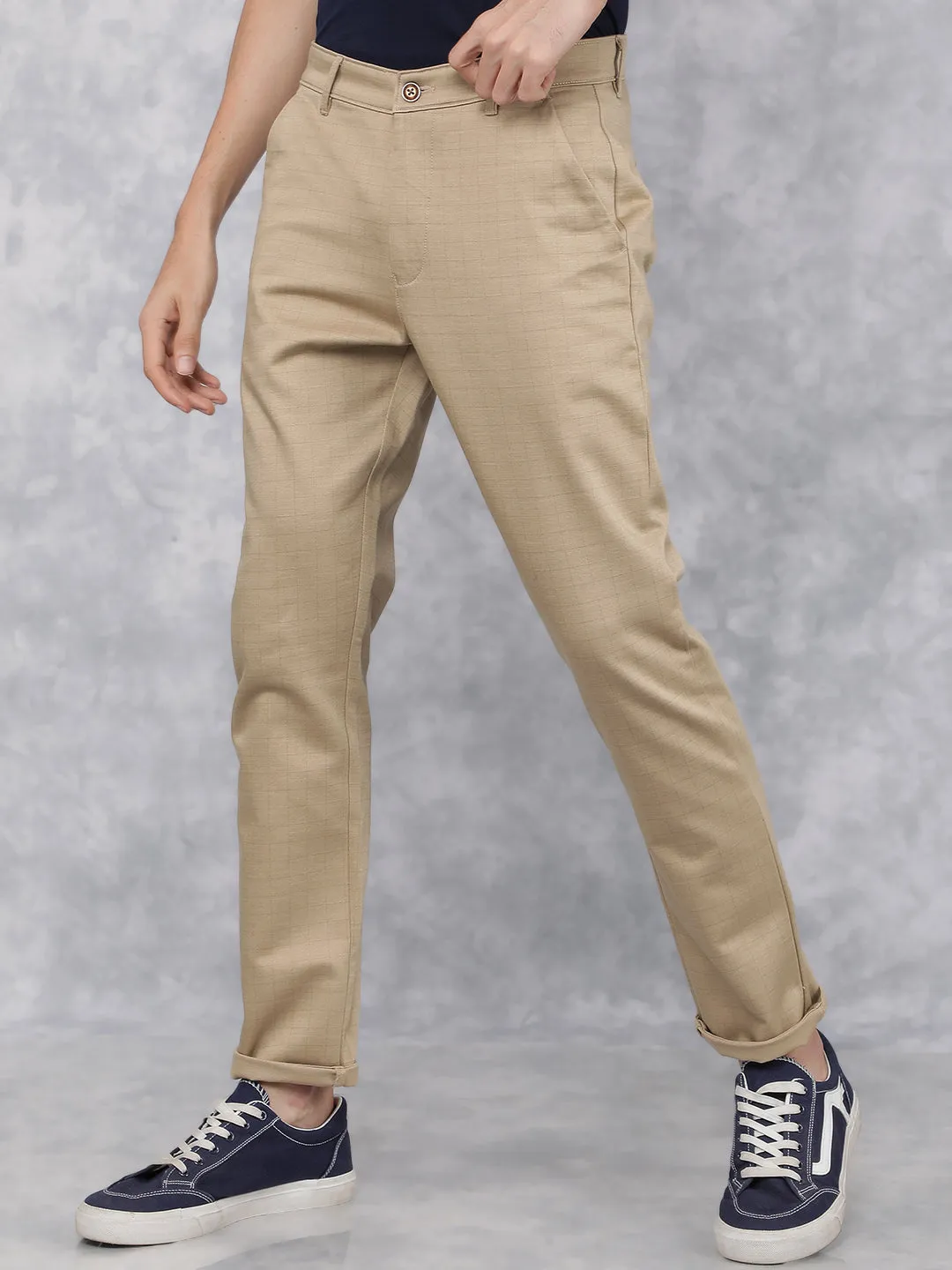 Beige Checkered Chinos Trousers