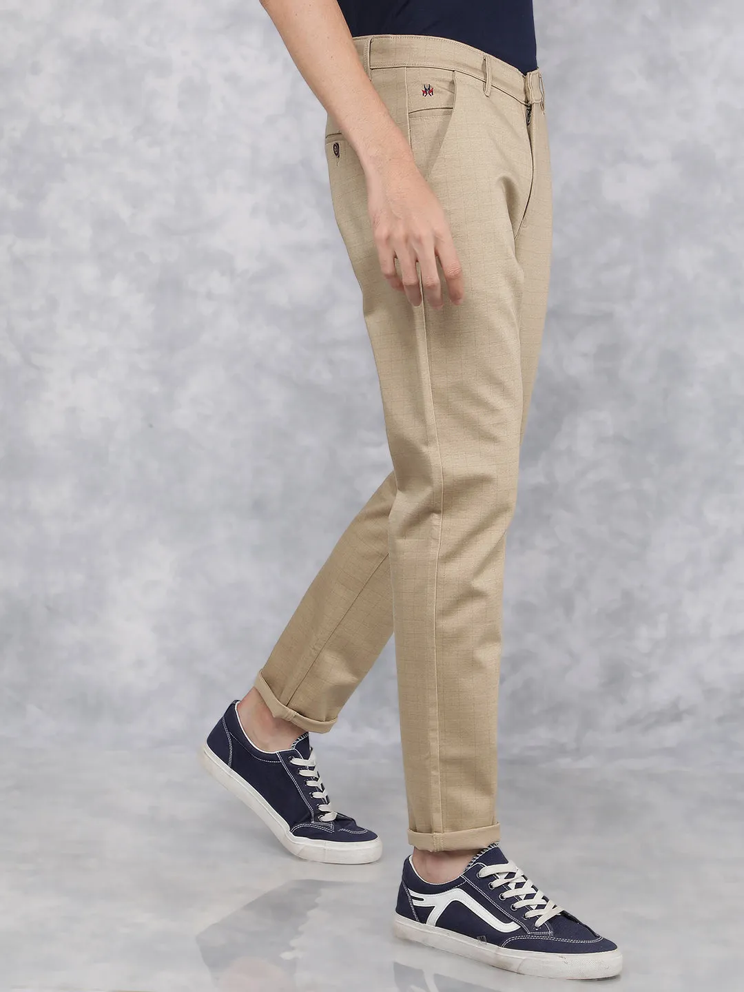 Beige Checkered Chinos Trousers