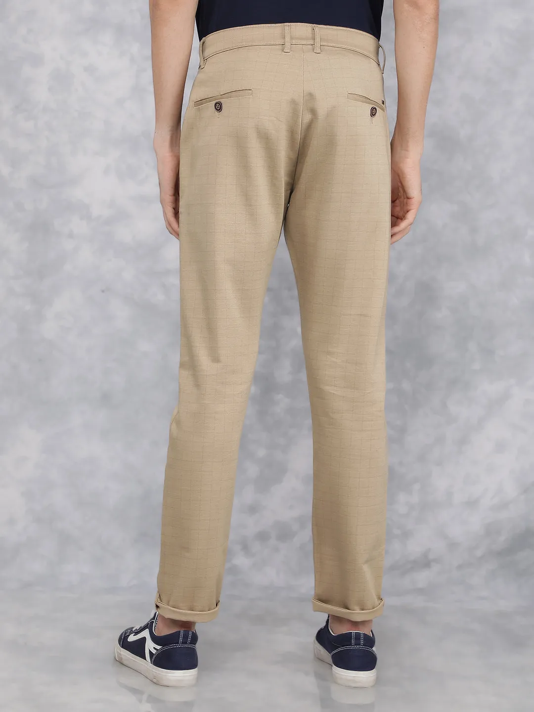 Beige Checkered Chinos Trousers