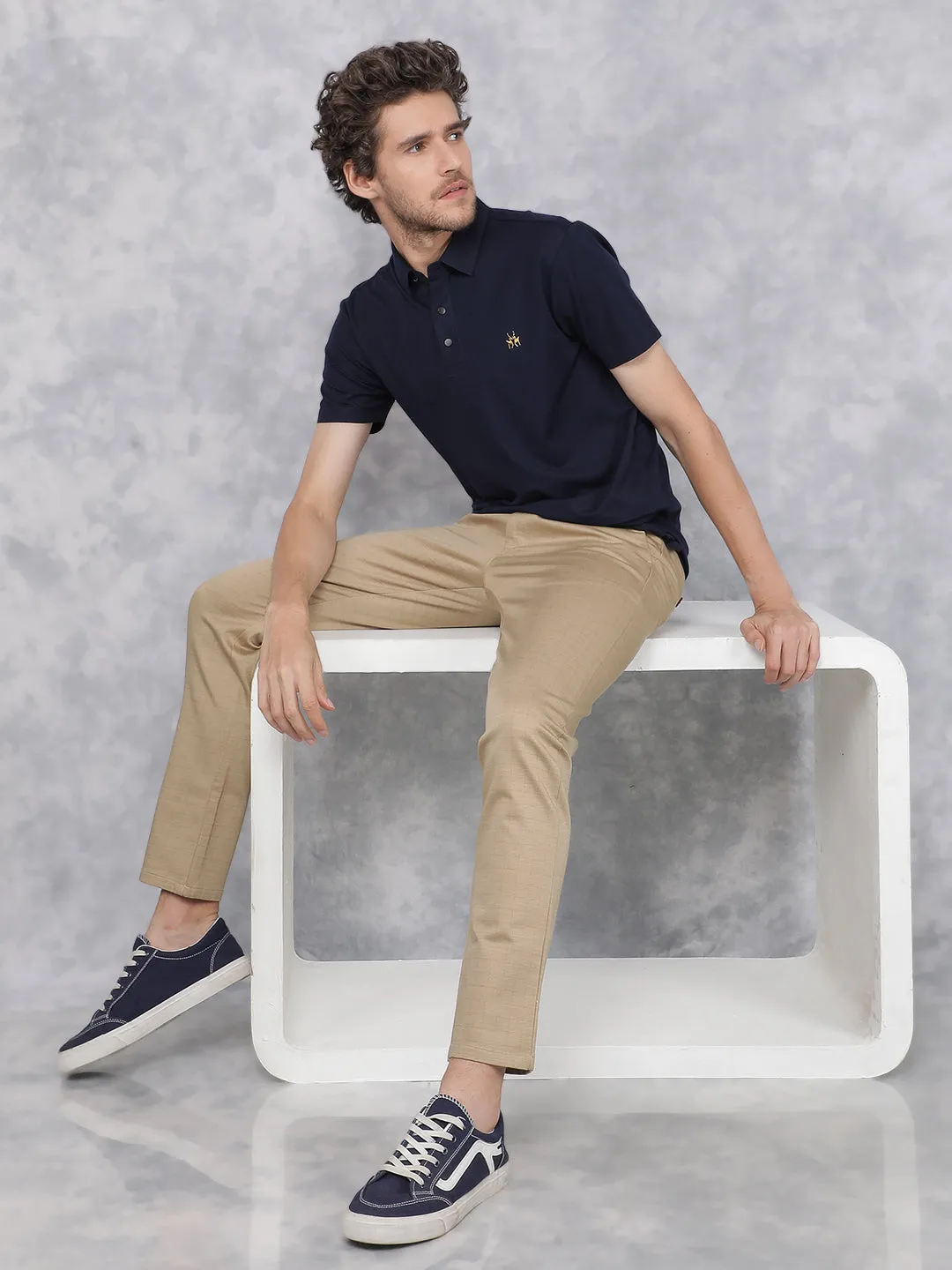Beige Checkered Chinos Trousers