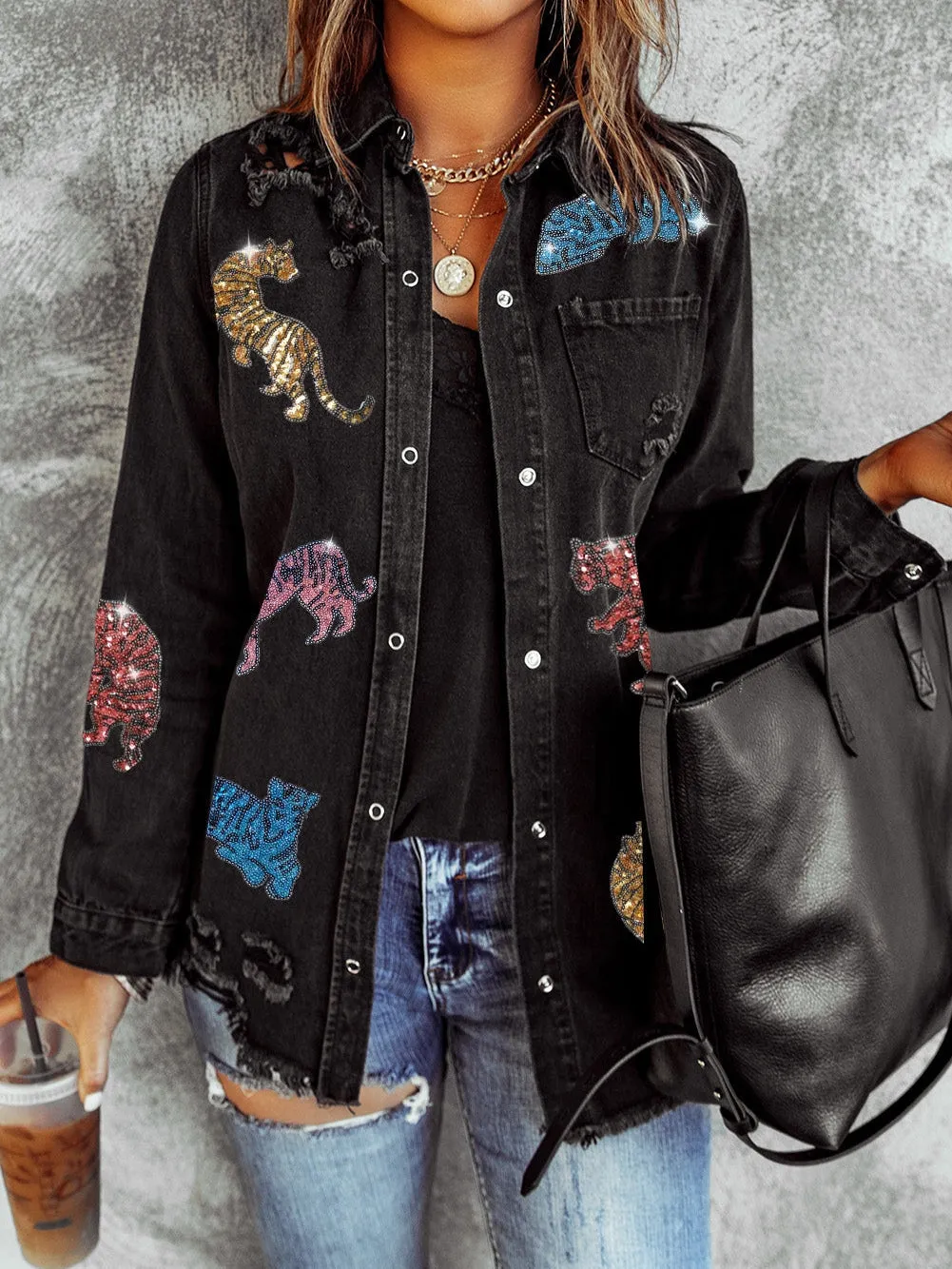 Black Distressed Denim Shirt Jacket