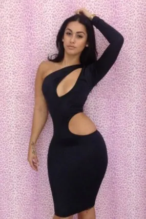 Black One-shoulder Cutout Club Bodycon Dress