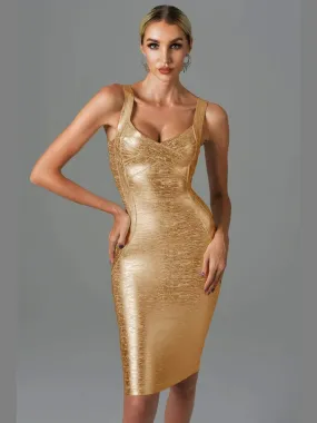 Boutique Designer Style Sexy Metallic Sleeveless Backless Short Dress Gold Silver Midi Bodycon Bandage Dress Elegant Evening Wedding Party Dress
