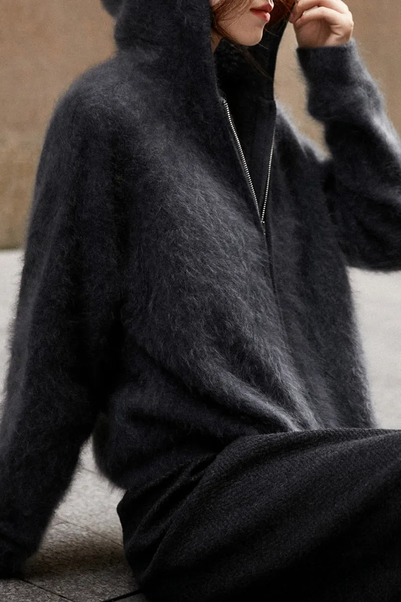 Brushed Cashmere Hooded Zip-Up Cardigan