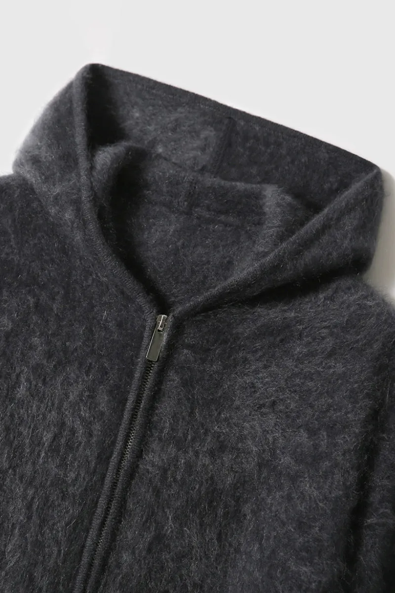 Brushed Cashmere Hooded Zip-Up Cardigan
