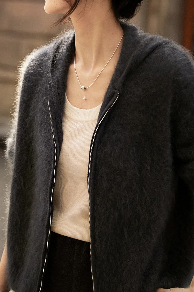 Brushed Cashmere Hooded Zip-Up Cardigan