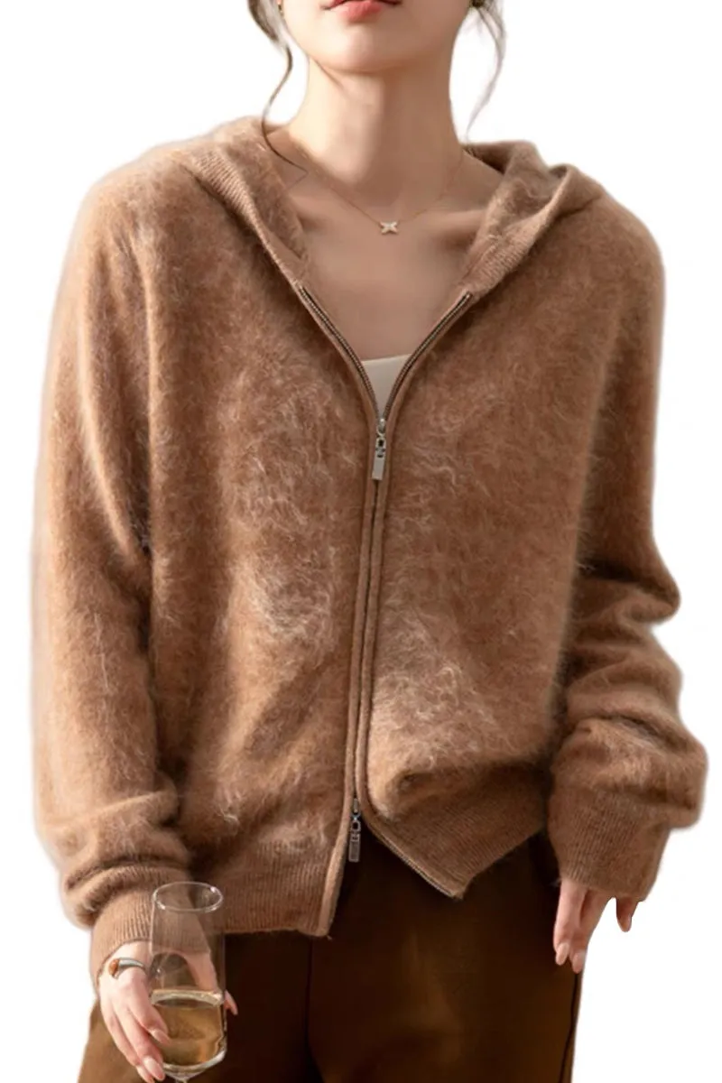 Brushed Cashmere Hooded Zip-Up Cardigan