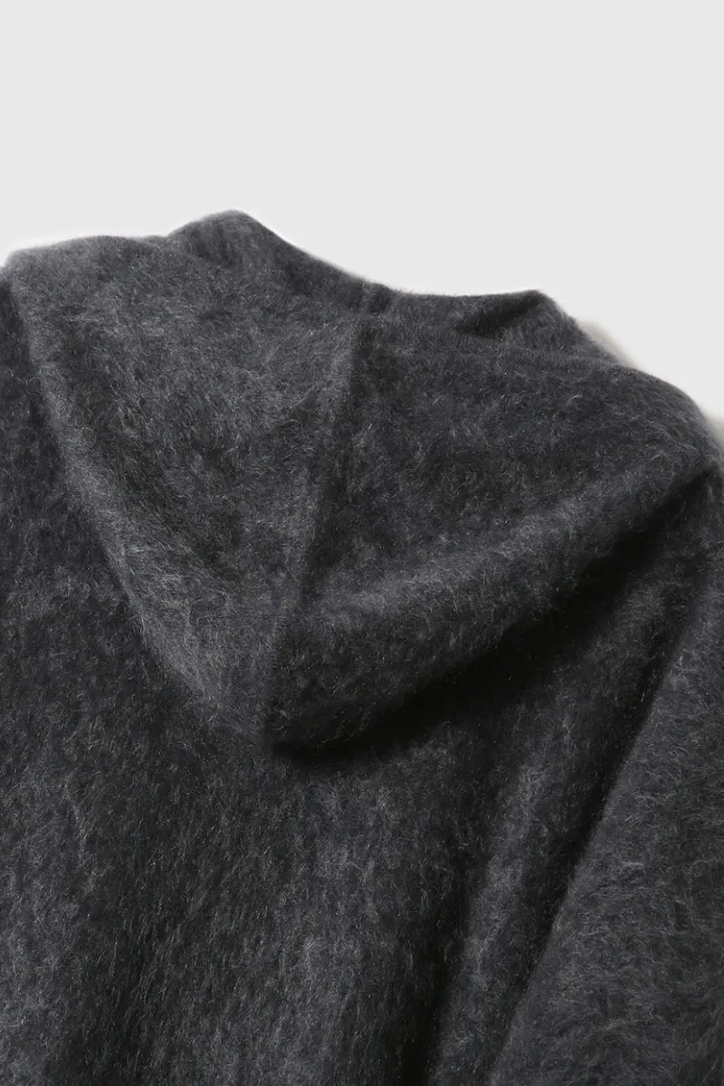 Brushed Cashmere Hooded Zip-Up Cardigan