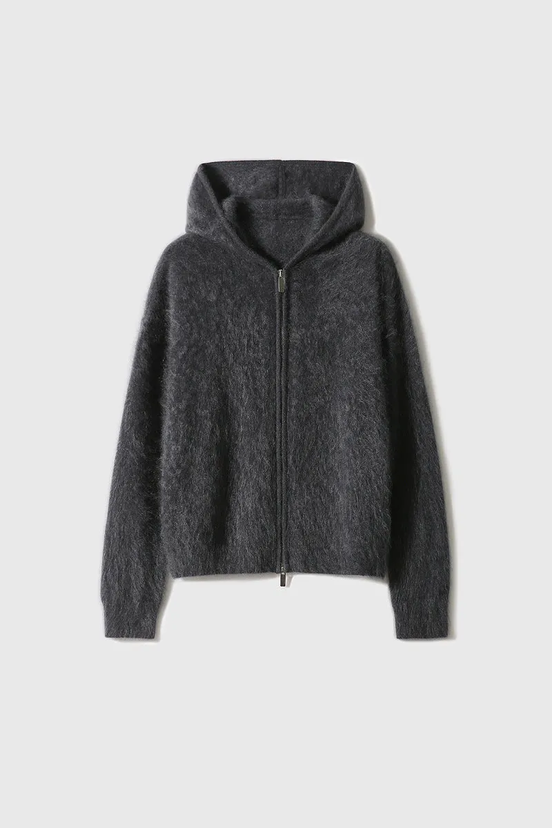 Brushed Cashmere Hooded Zip-Up Cardigan