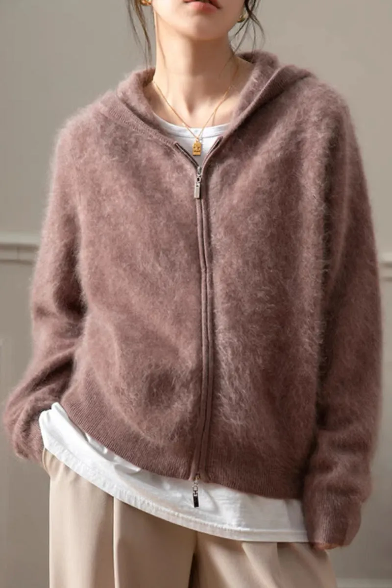 Brushed Cashmere Hooded Zip-Up Cardigan