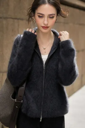 Brushed Cashmere Hooded Zip-Up Cardigan