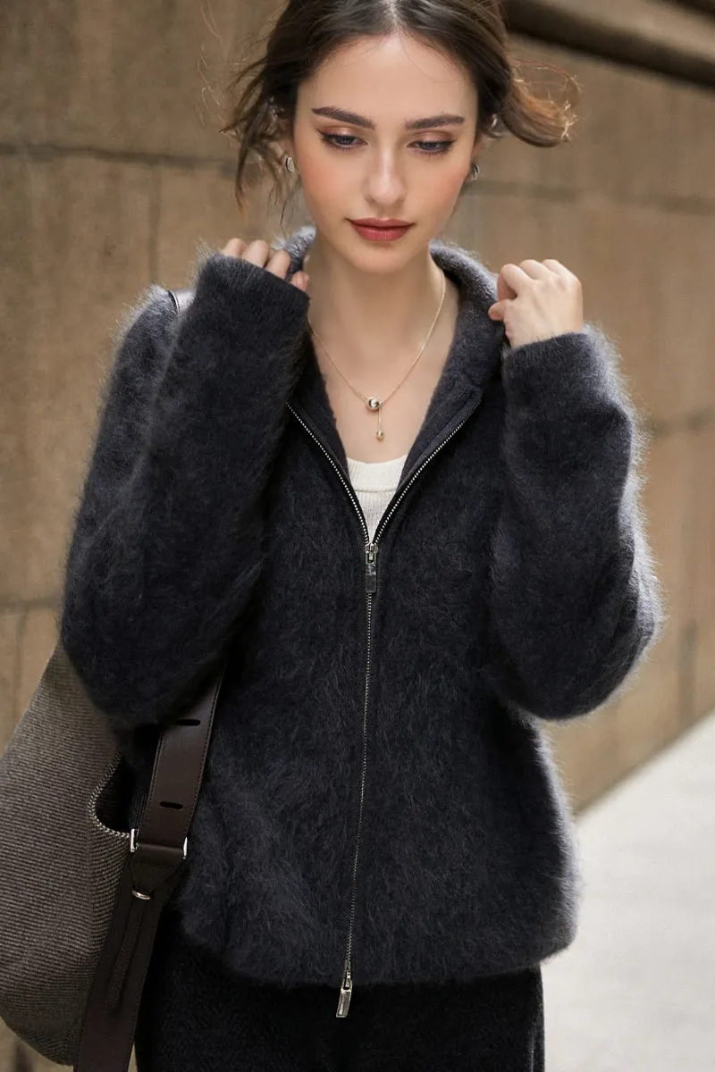 Brushed Cashmere Hooded Zip-Up Cardigan