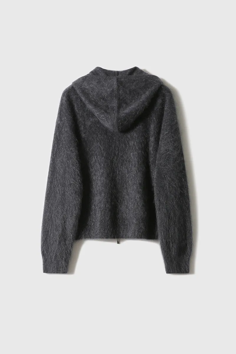 Brushed Cashmere Hooded Zip-Up Cardigan