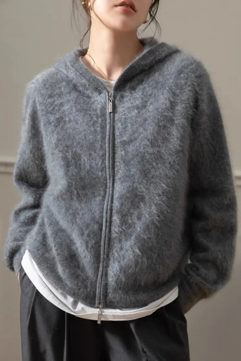 Brushed Cashmere Hooded Zip-Up Cardigan