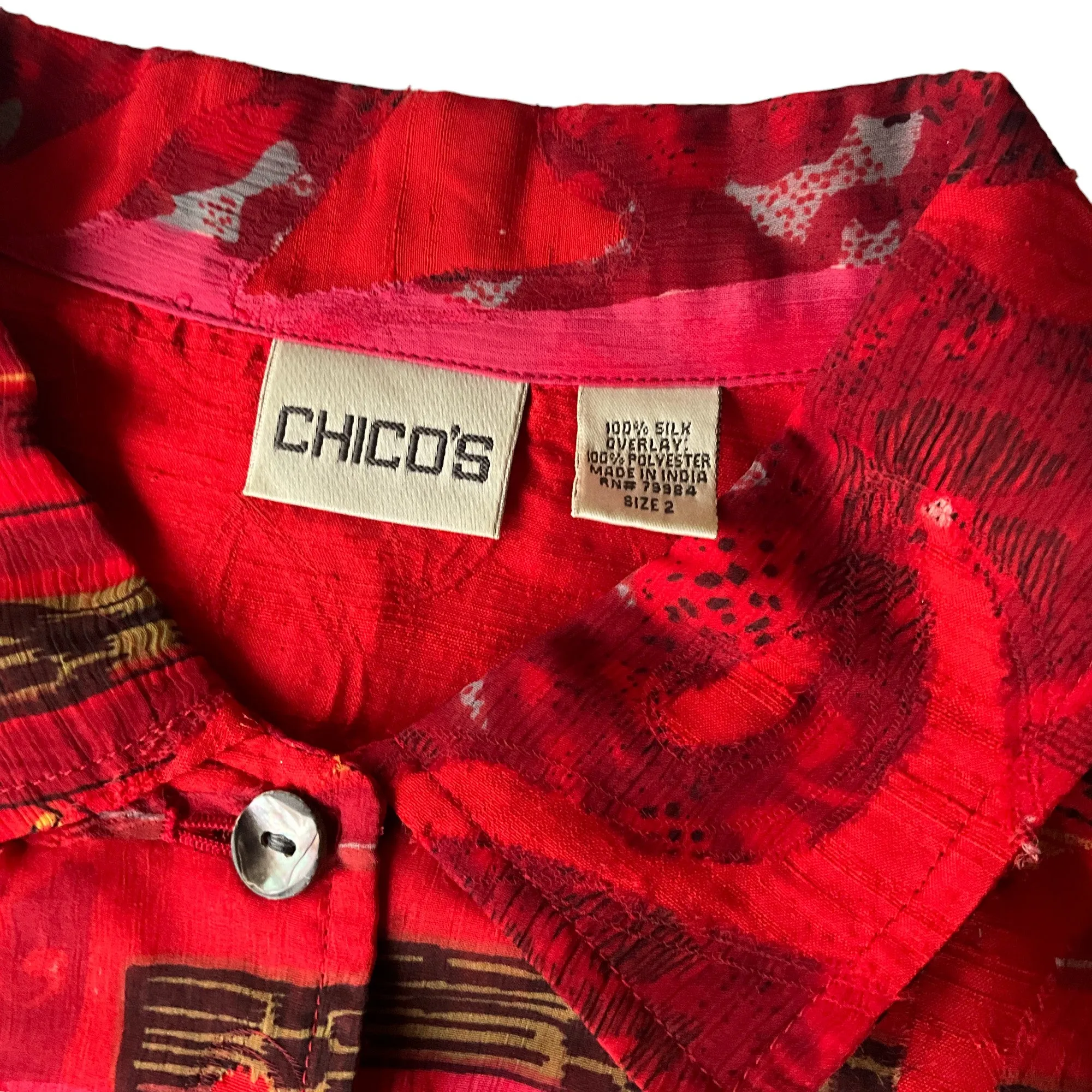 Chico's Red Raw Silk Floral Shirt Jacket Size 2
