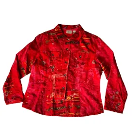 Chico's Red Raw Silk Floral Shirt Jacket Size 2