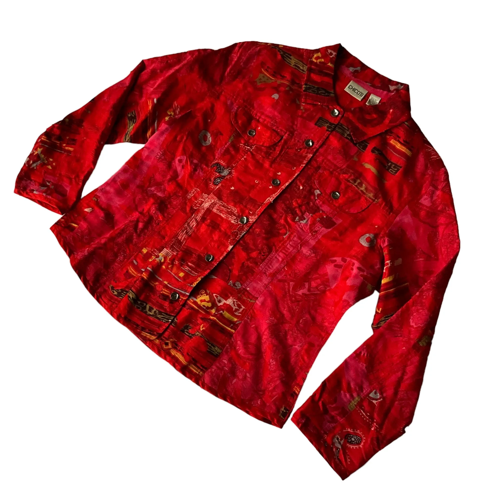 Chico's Red Raw Silk Floral Shirt Jacket Size 2