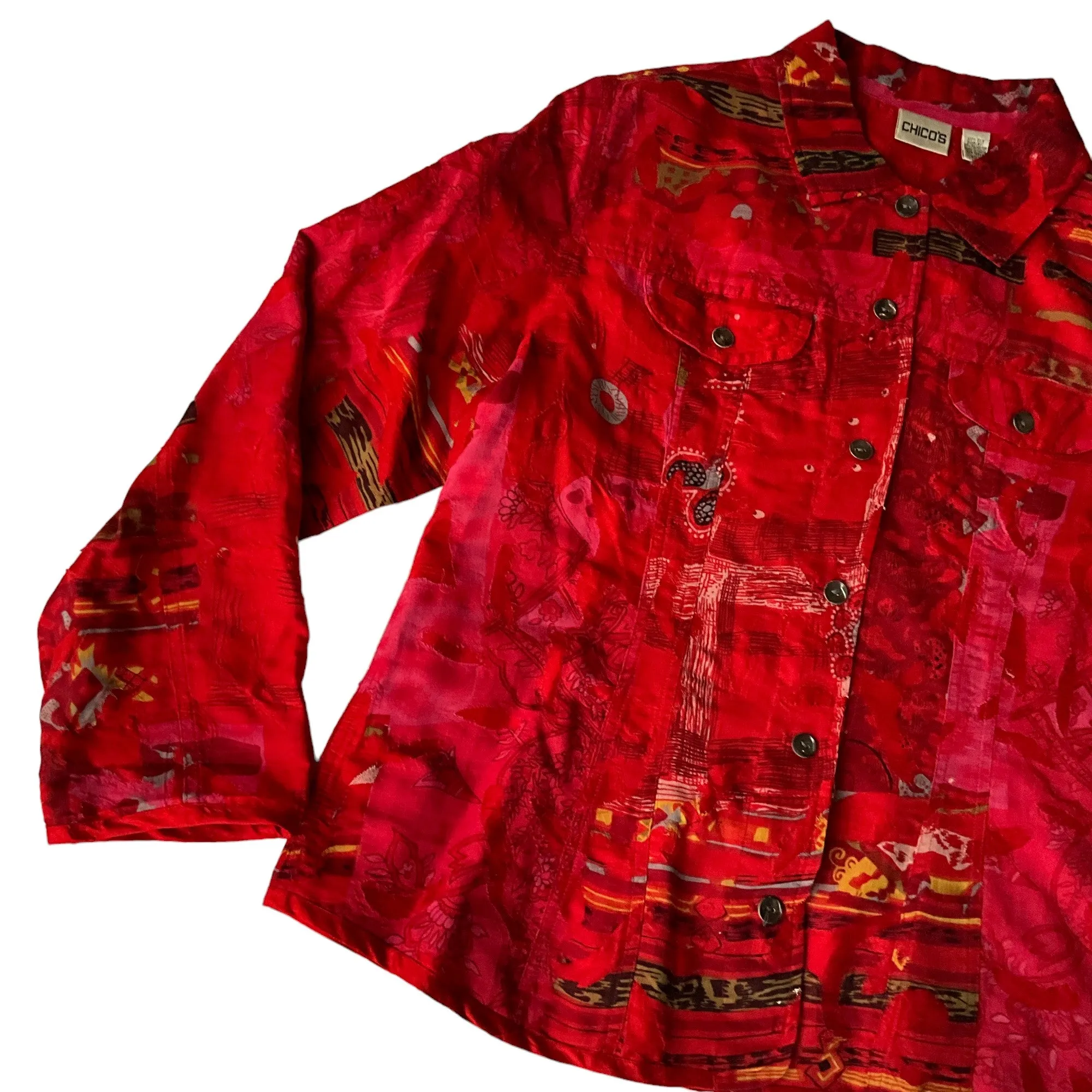 Chico's Red Raw Silk Floral Shirt Jacket Size 2