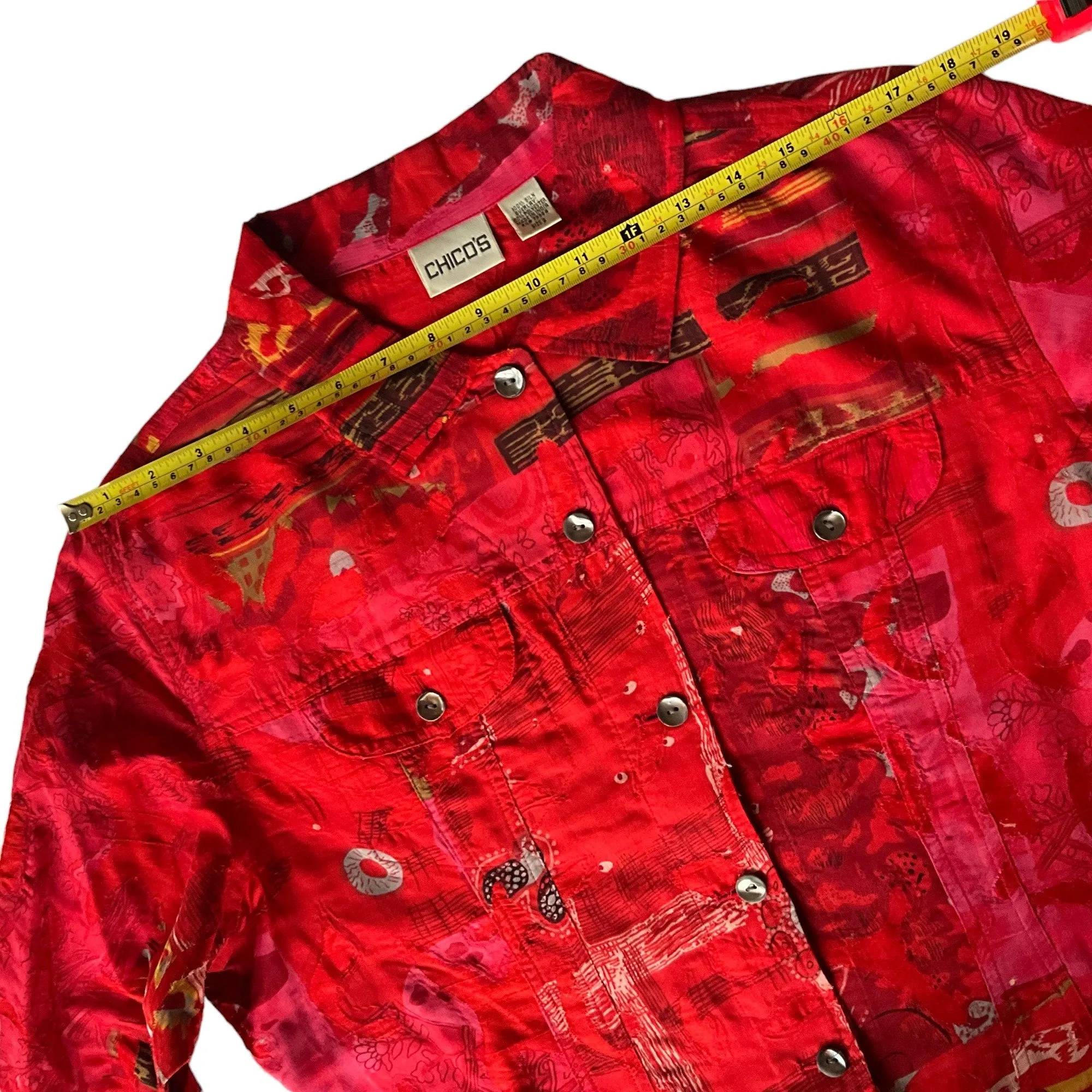 Chico's Red Raw Silk Floral Shirt Jacket Size 2