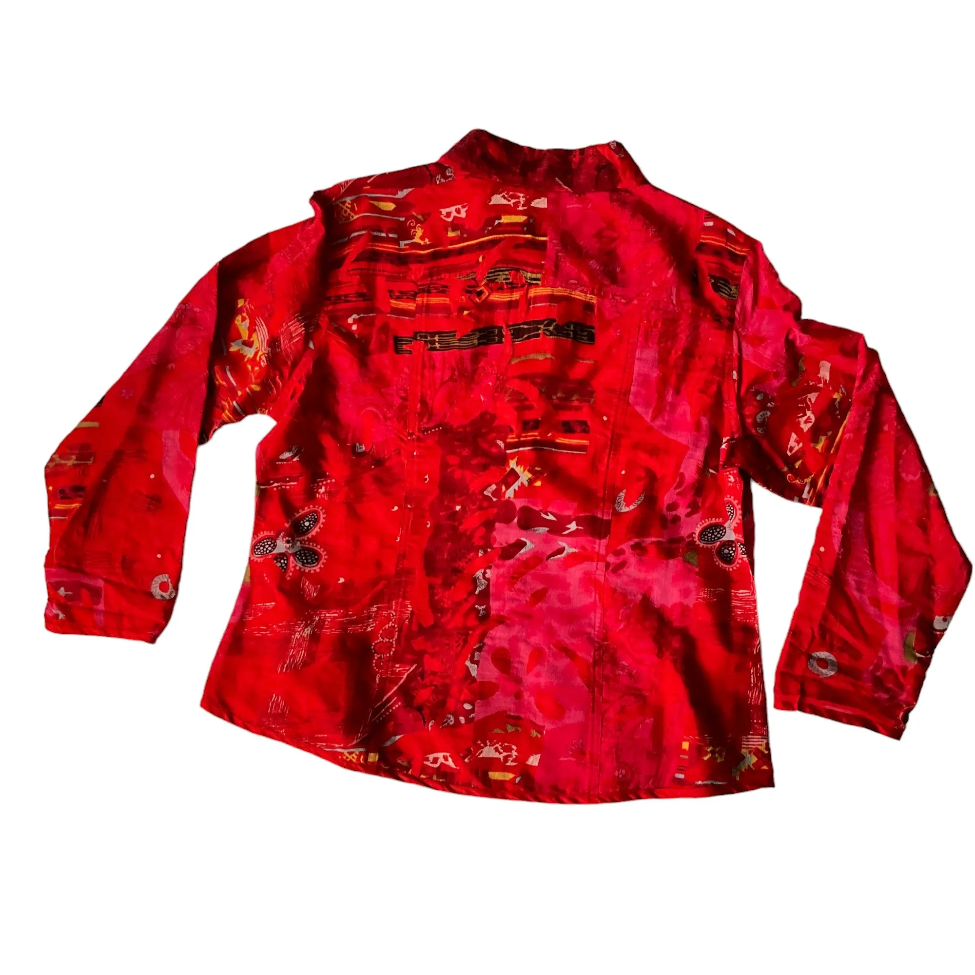Chico's Red Raw Silk Floral Shirt Jacket Size 2