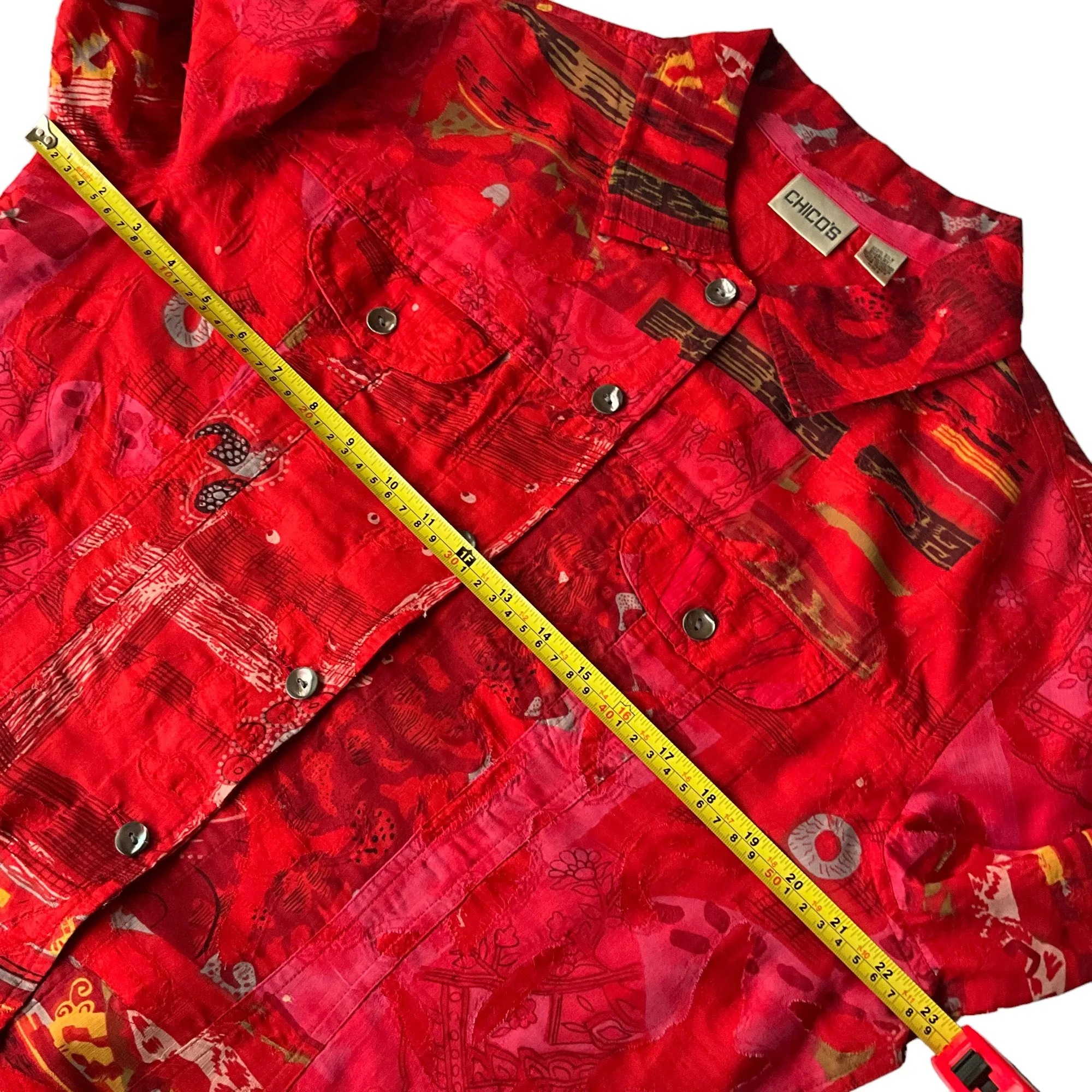 Chico's Red Raw Silk Floral Shirt Jacket Size 2