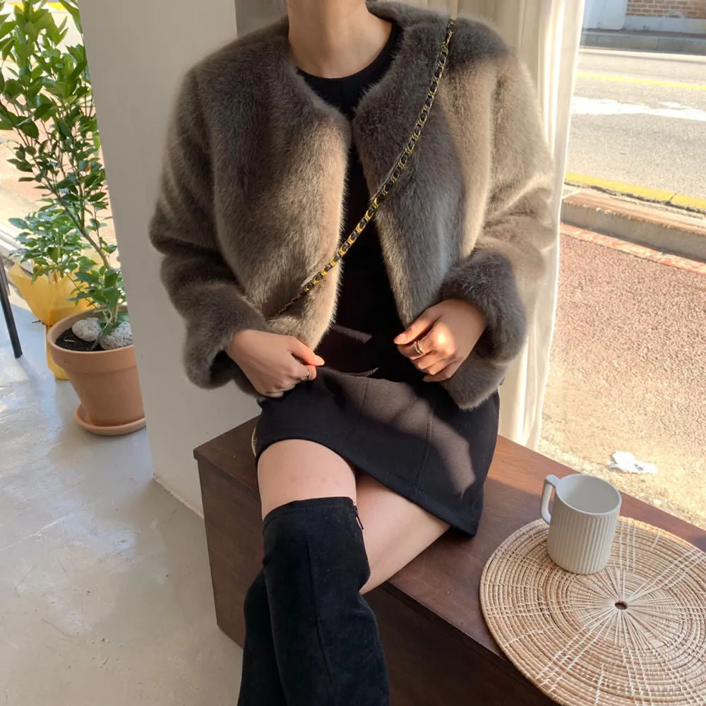 collarless fur coat lf3368