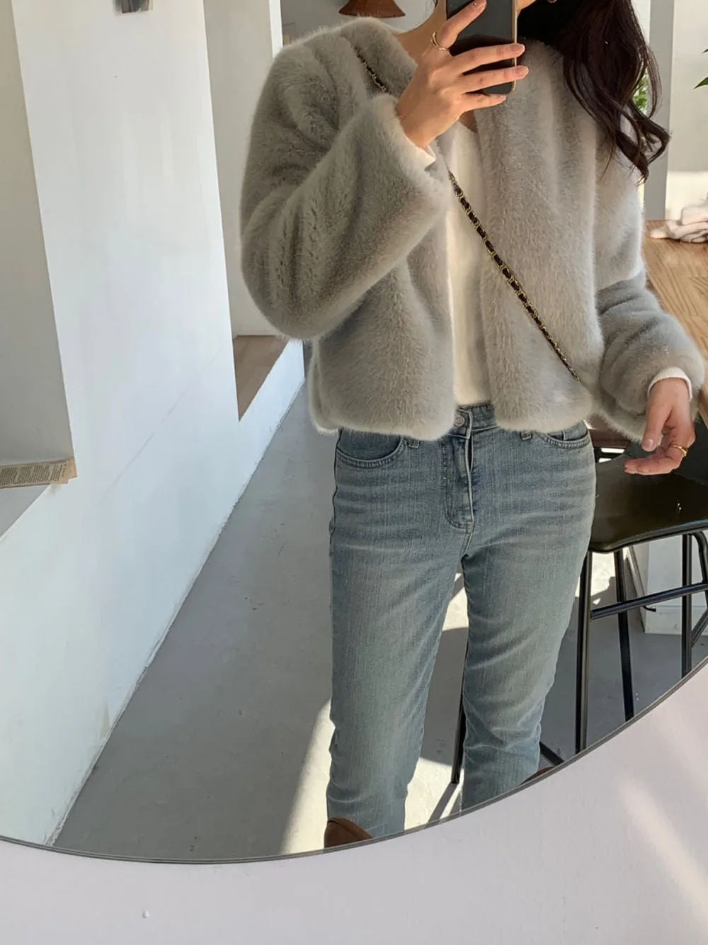 collarless fur coat lf3368