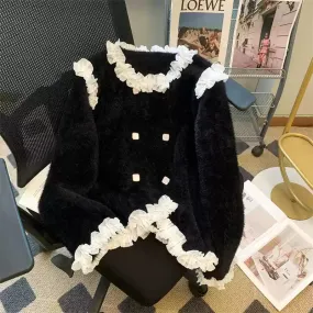 Color Blocking Ruffled Thickened Cardigan