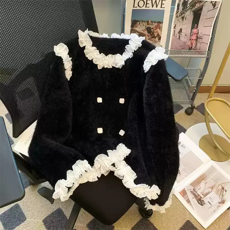 Color Blocking Ruffled Thickened Cardigan