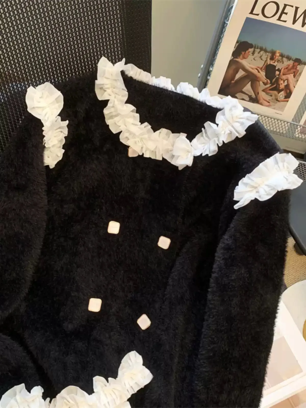 Color Blocking Ruffled Thickened Cardigan