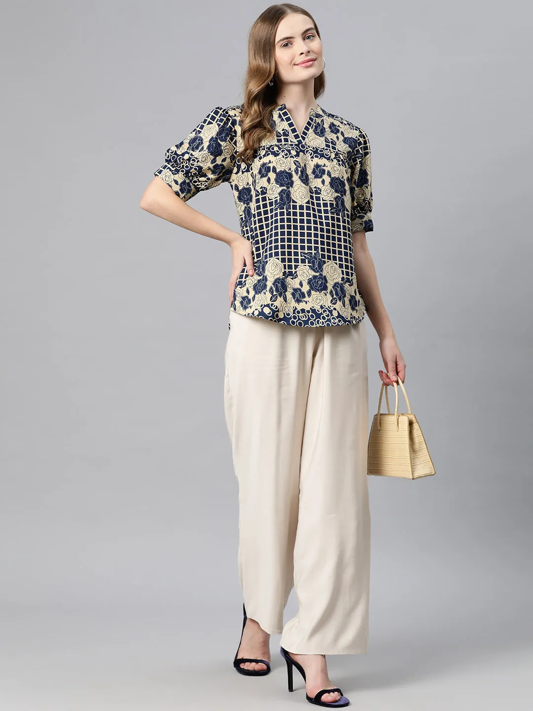 Cottinfab Floral Print Puff Sleeve Crepe Top