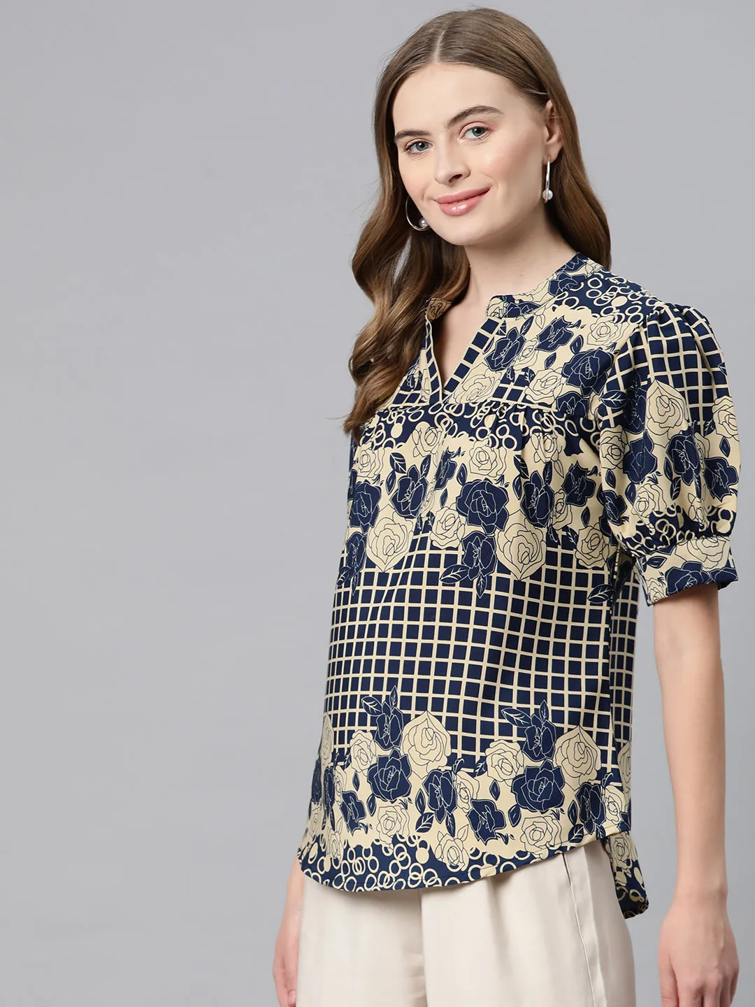 Cottinfab Floral Print Puff Sleeve Crepe Top