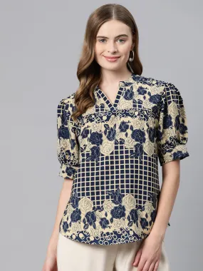 Cottinfab Floral Print Puff Sleeve Crepe Top
