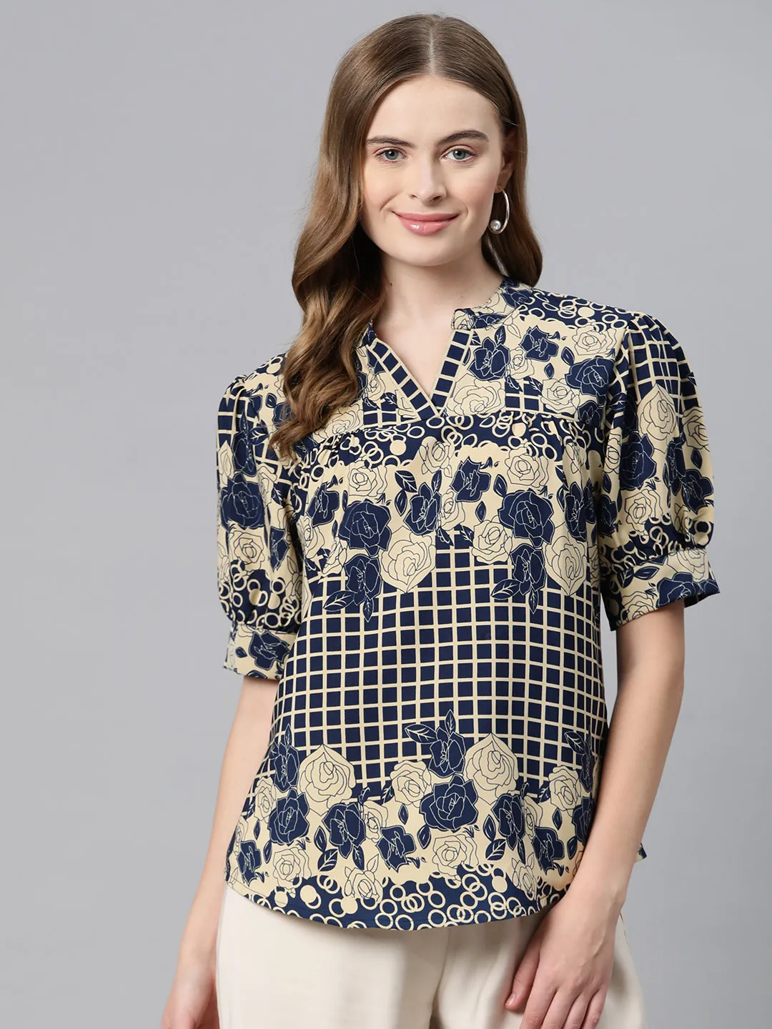 Cottinfab Floral Print Puff Sleeve Crepe Top