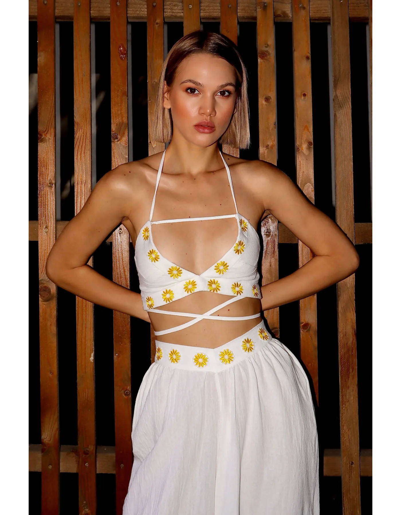 Cotton Embroidered "Chamomile” Bra-Top In Pure White