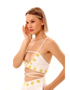 Cotton Embroidered "Chamomile” Bra-Top In Pure White