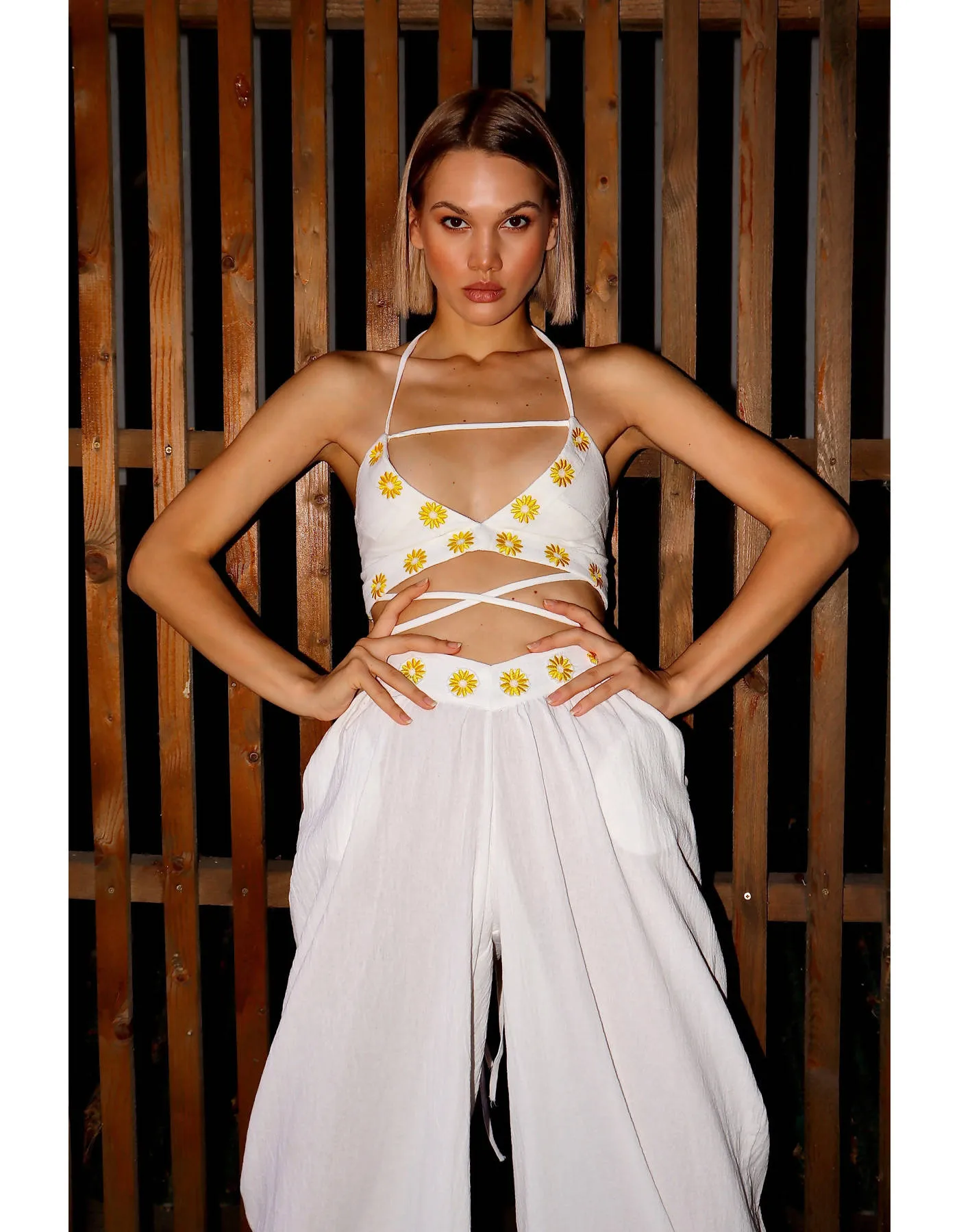 Cotton Embroidered "Chamomile” Bra-Top In Pure White