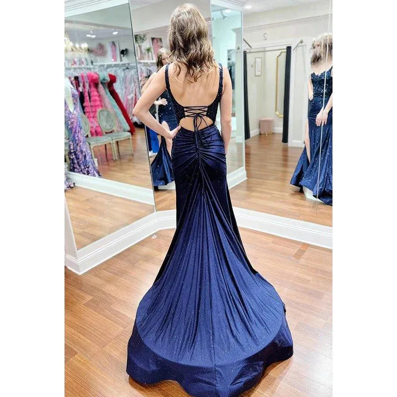 Couture & Ornate Scoop Straps Mermaid Applique Side Slit Evening Prom Dress