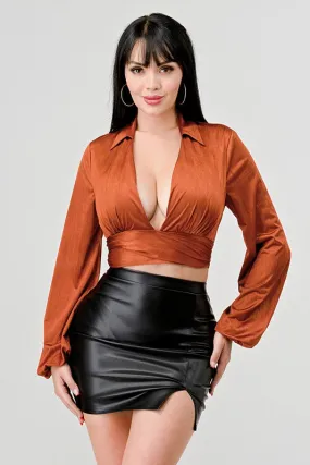 Deep V-Neck Tie Blouse