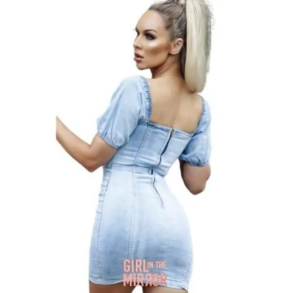 Denim Front Ruched Detail Bardot Bodycon Mini Dress