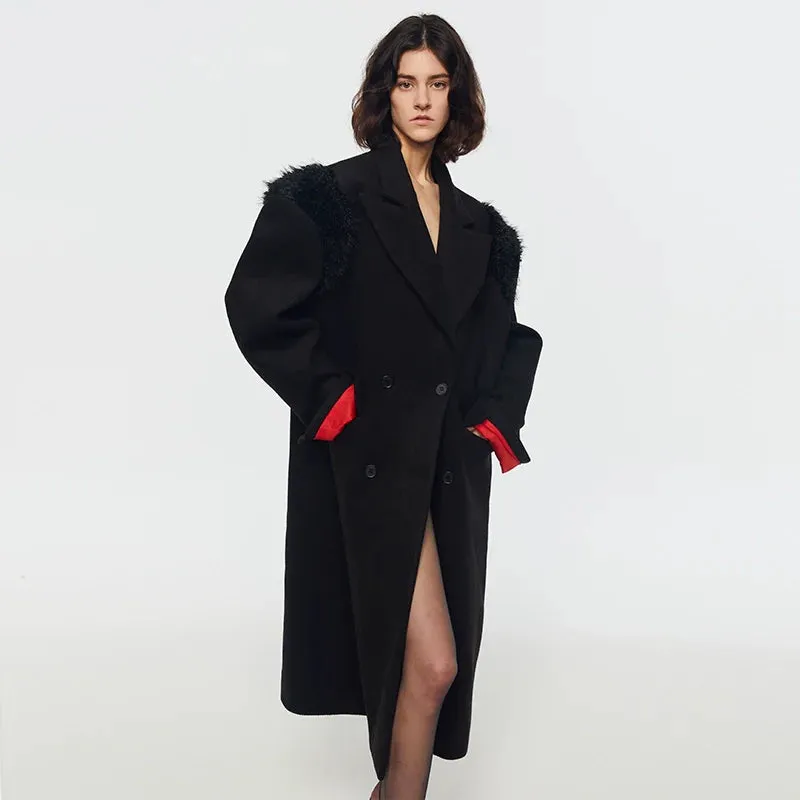 Double-Breasted Faux Fur Shoulder Coat